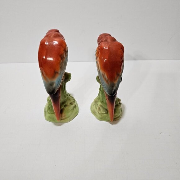 Pair of Red Parrot w/ Blue Feathers Ceramic Figurine by Czechoslovakia Pottery - Picture 2 of 7